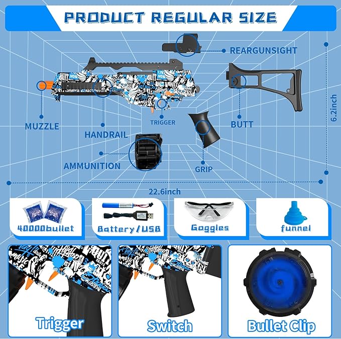 Electric Gel Ball Blaster, High Speed Automatic Splatter Ball Blaster with 40000+ and Goggles, JIFTOK Rechargeable Splatter Ball Toys for Outdoor Activities Shooting Game Party Favors